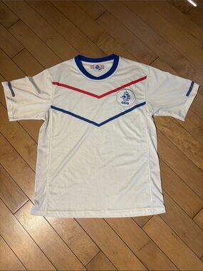 Netherlands KNVB White Soccer Jersey with Red & Blue Chevrons